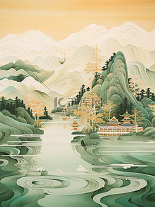 蓝色工笔画插画图片_金色的中国建筑平静的水山景诗意7