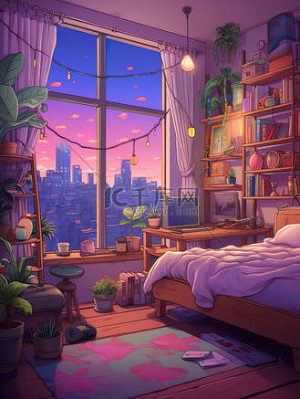 日落温馨卧室女孩风格卡通2