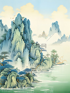 蓝色工笔画插画图片_金色的中国建筑平静的水山景诗意16