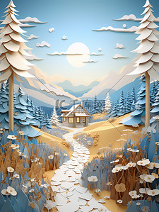 冬天积雪森林小房子剪纸风格11