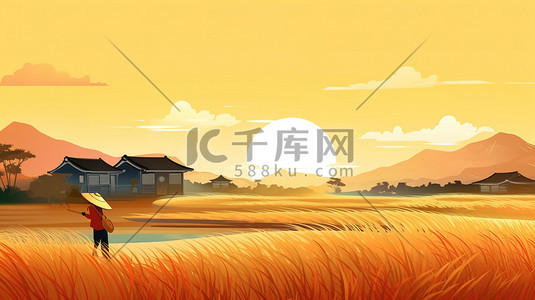 忙碌秘书插画图片_秋收稻田忙碌的农民3