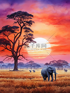非洲野生动物大象群水彩画1