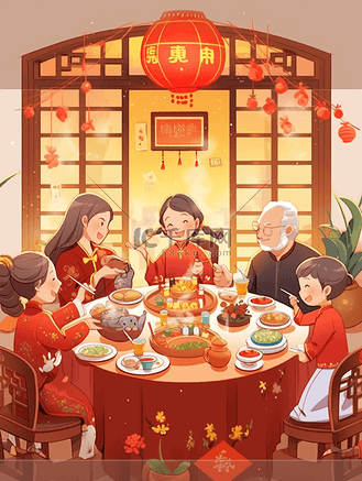 春节除夕一家人团聚吃饭插画39