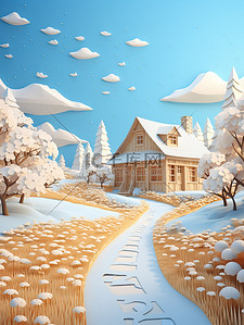 冬天积雪森林小房子剪纸风格5
