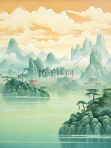 金色的中国建筑平静的水山景诗意14