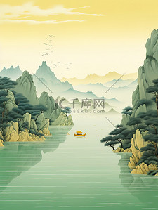 金色的中国建筑平静的水山景诗意13