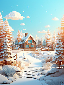 冬季风格插画图片_冬天积雪森林小房子剪纸风格2