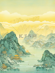 蓝色工笔画插画图片_金色的中国建筑平静的水山景诗意3