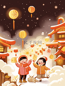 国潮小孩插画图片_春节除夕小孩玩耍插画12