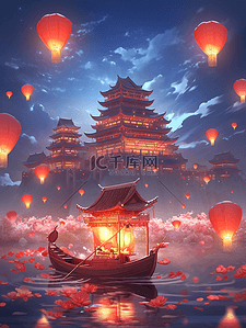 中国风国潮水彩画春节新年氛围感水景夜景