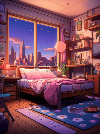 日落温馨卧室女孩风格卡通6