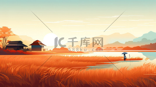 农业秋收插画图片_秋收稻田忙碌的农民9
