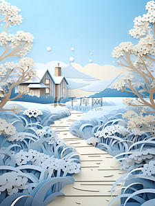 冬天积雪森林小房子剪纸风格1