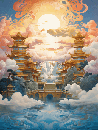 手绘仙界宫殿场景背景2