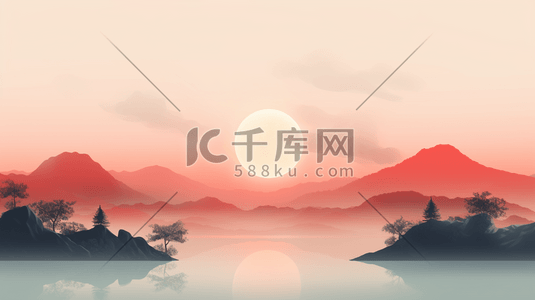 山水画大雁插画图片_手绘唯美夕阳西下山水美景插画7