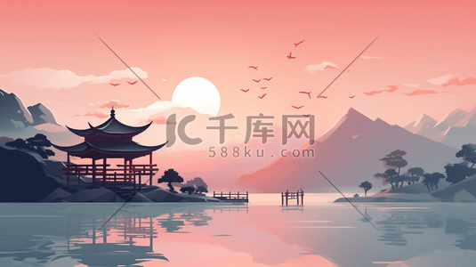 手绘唯美夕阳西下山水美景插画2