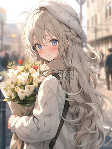 漂亮的簪子插画图片_漂亮的女孩拿着一束鲜花15