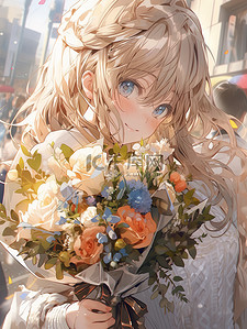 漂亮的鲜花插画图片_漂亮的女孩拿着一束鲜花17
