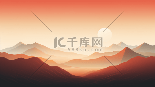 手绘唯美夕阳西下山水美景插画5