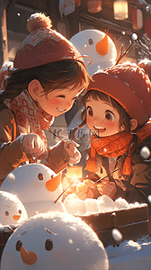 春节新年可爱的小孩堆雪人场景插画