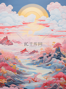 山川云朵插画图片_手绘唯美山林河流插画1