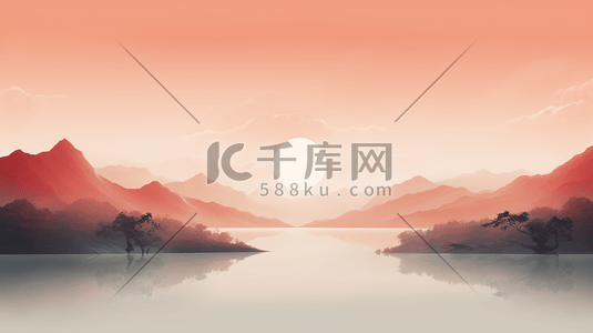 手绘唯美夕阳西下山水美景插画12