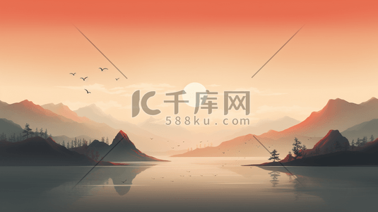 手绘唯美夕阳西下山水美景插画13