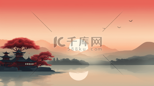 山水画大雁插画图片_手绘唯美夕阳西下山水美景插画4