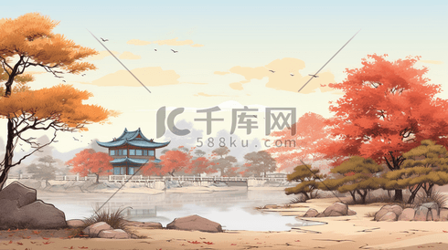 秋季中国风山水风景插画28