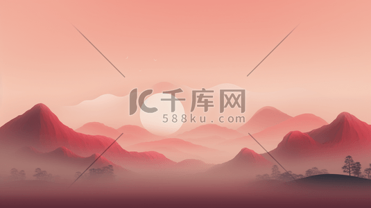 手绘唯美夕阳西下山水美景插画8