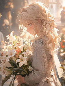 漂亮的鲜花插画图片_漂亮的女孩拿着一束鲜花12