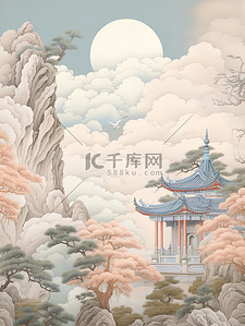 中国风云鹤插画图片_天空的鹤迎客松宫殿15