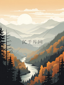 阳光明媚的天空插画图片_阳光明媚的秋天森林海报2