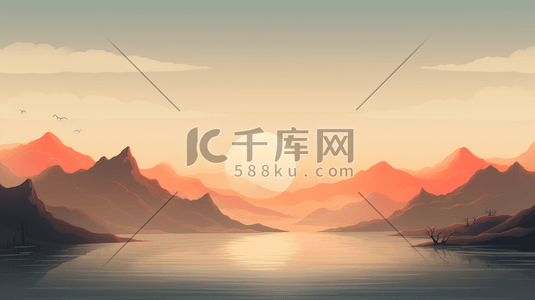 手绘唯美夕阳西下山水美景插画9