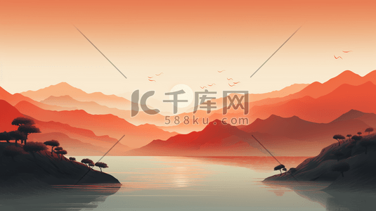 手绘唯美夕阳西下山水美景插画6