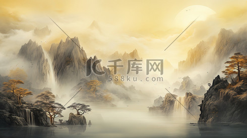 姜黄色中国风山水绘画9