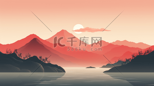 山水画大雁插画图片_手绘唯美夕阳西下山水美景插画15