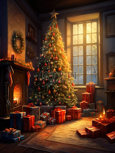 圣诞装饰圣诞插画图片_圣诞节温暖的房间圣诞装饰19