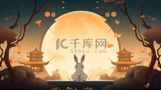 古风手绘中秋节圆月下兔子插画5