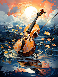 梦幻背景音乐插画图片_飘浮在海上的吉他梦幻插画3