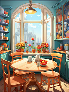边框圆形插画图片_厨房圆形餐桌窗户彩色壁纸儿童书籍插图1