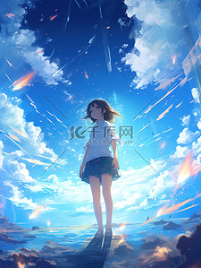 高空插画图片_晴朗天空白云漂亮的女孩二次元动漫4