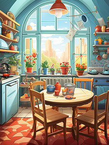 厨房餐桌插画图片_厨房圆形餐桌窗户彩色壁纸儿童书籍插图17