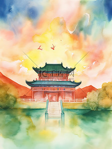 蓝色水彩画插画图片_中国风古代宫殿镀金建筑水彩画14