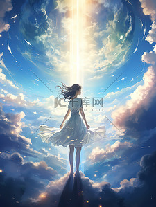 高空插画图片_晴朗天空白云漂亮的女孩二次元动漫12