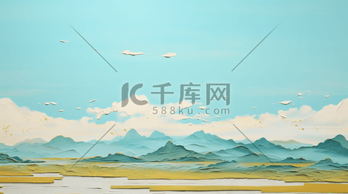 油画质感厚重青绿中国山水风景插画32