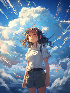 高空排污插画图片_晴朗天空白云漂亮的女孩二次元动漫14