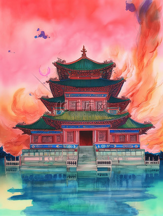 中国风古代宫殿镀金建筑水彩画10