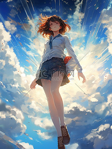 高空排污插画图片_晴朗天空白云漂亮的女孩二次元动漫7