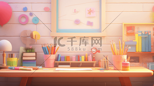 儿童书桌插画图片_彩色儿童教室开学季场景插画4